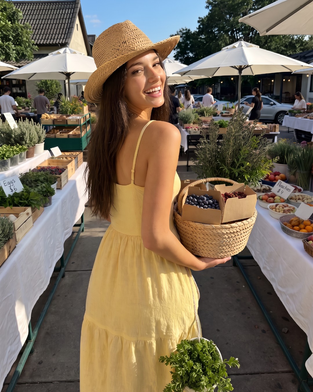 A woman at a farmers market with a basket of eggs and berries