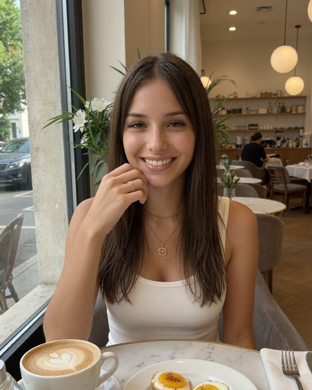 A woman at a cafe table with a latte and two egg bites