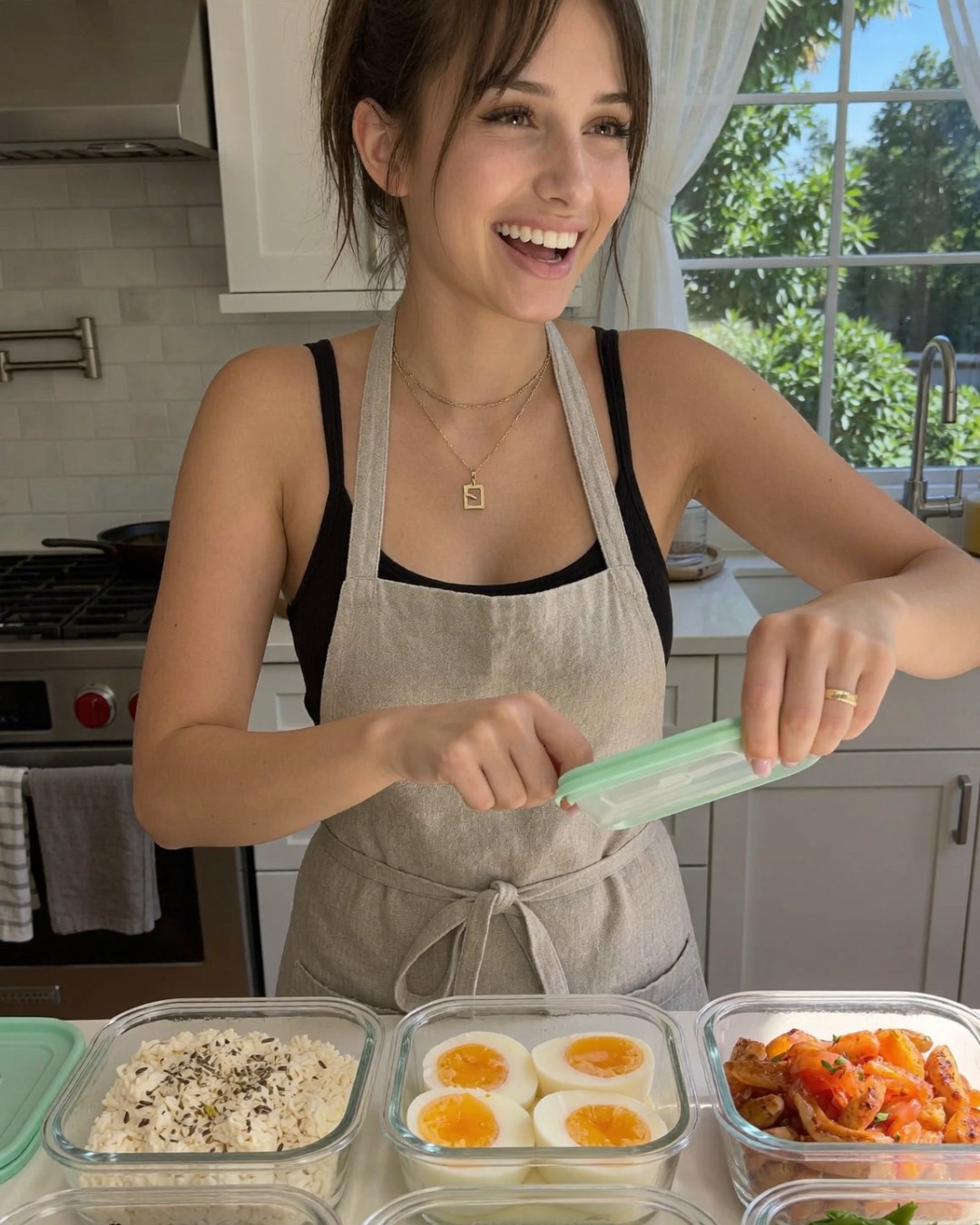A woman laughing while packing small containers of chicken, eggs and edamame